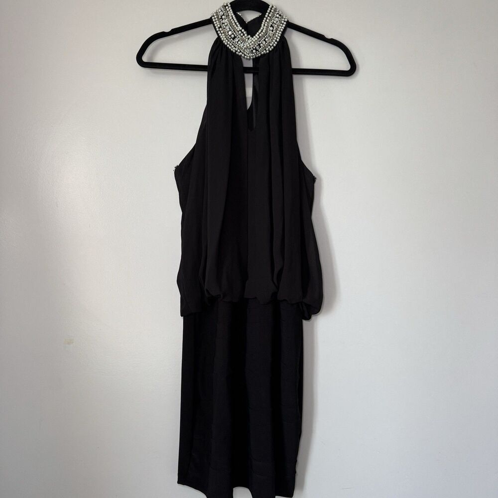 Vintage Bisou Bisou Pearl Embellished Black Flowy Sleeveless Dress Sz 10